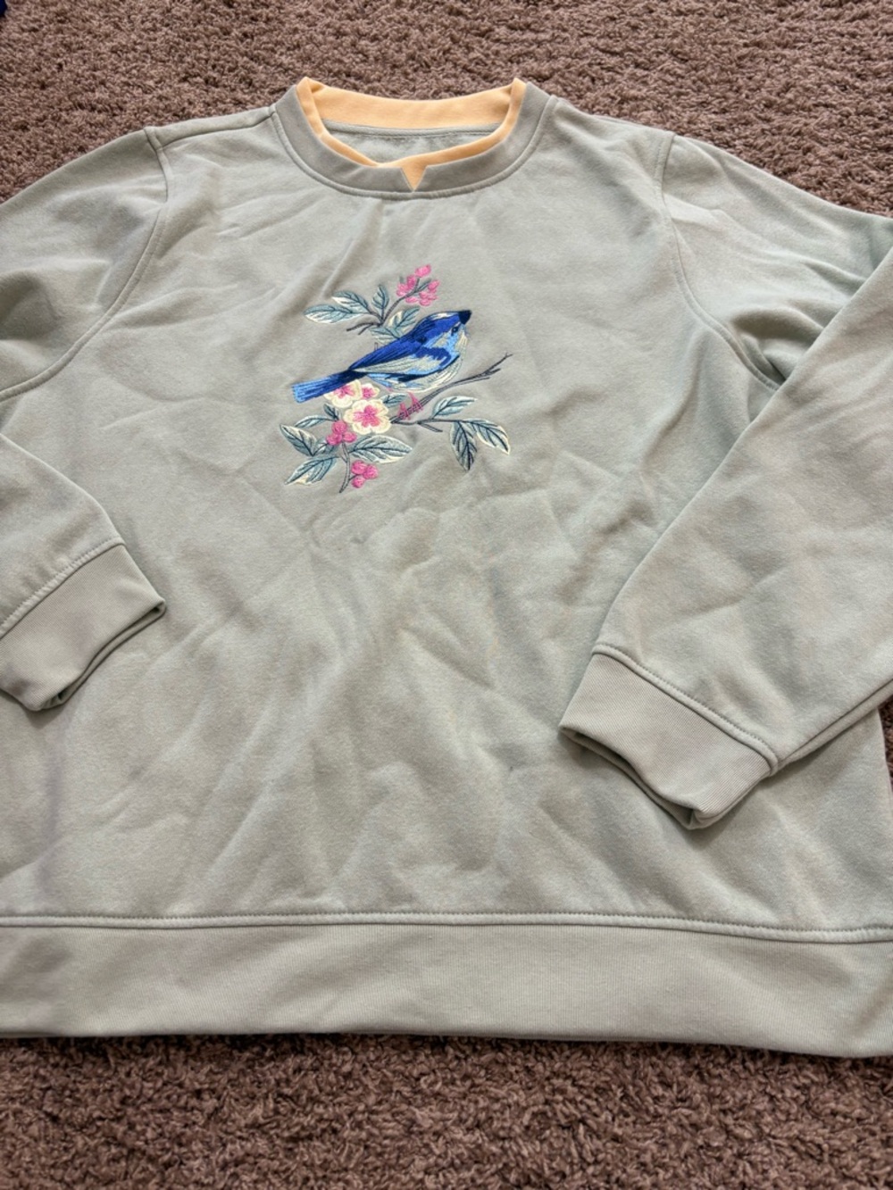 Women’s Sage Green Sweatshirt with Blue Bird Embroidery